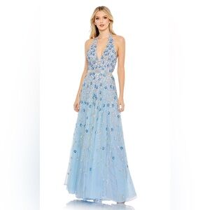 Mac Duggal Sky Blue Embellished Halter Prom Gown